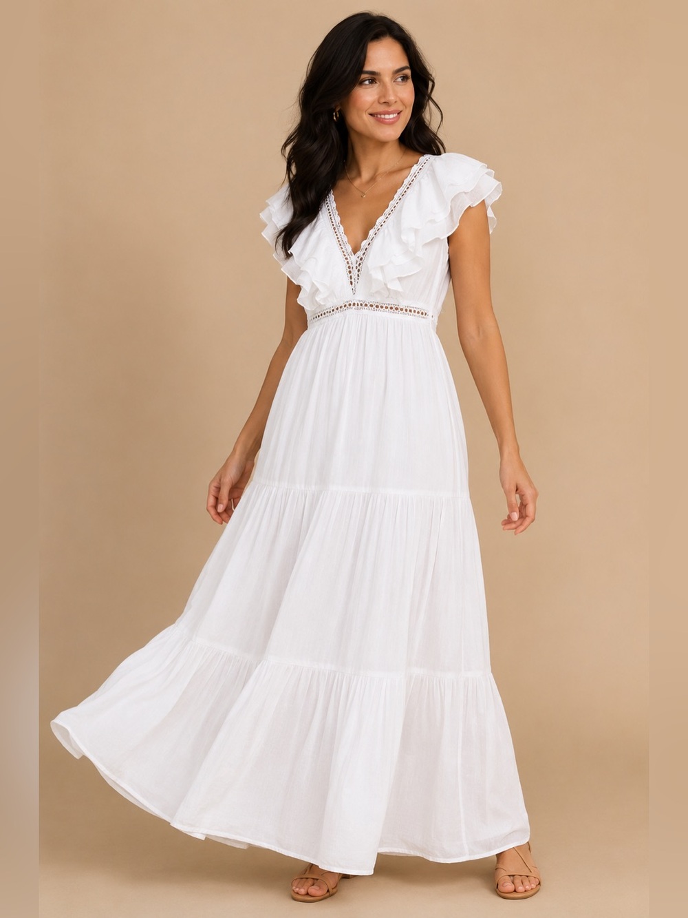 White Cottagecore Ruffle Lace Maxi Dress Boho Prairie Romantic Size S